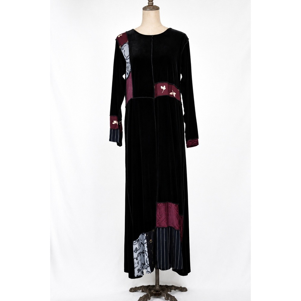 Vintage 90s Black Velvet Patchwork Maxi Wearable Art Dress XL